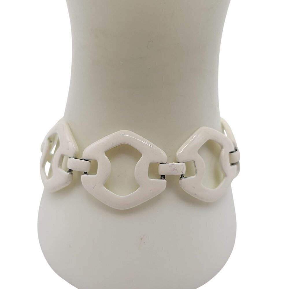 Vintage Off White Enamel Geometric Link Bracelet With Gold Tone Clasp
